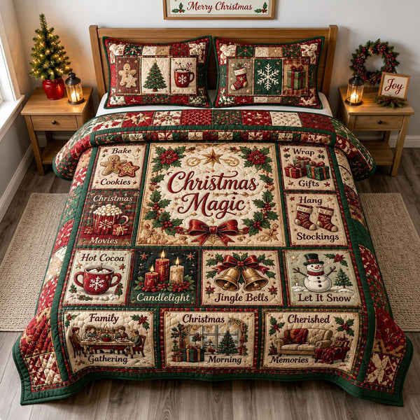 Christmas Magic Traditions quilted 3-piece bedding set on a made bed in a winter-styled bedroom