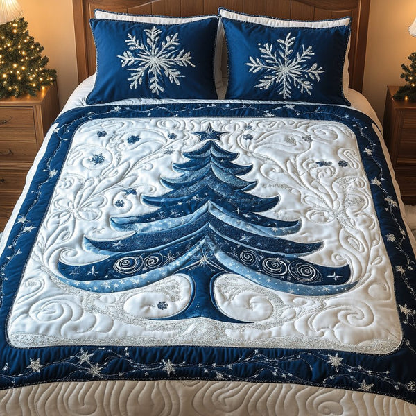 Christmas Magic Tree quilted 3-piece bedding set on a made bed in a winter-styled bedroom