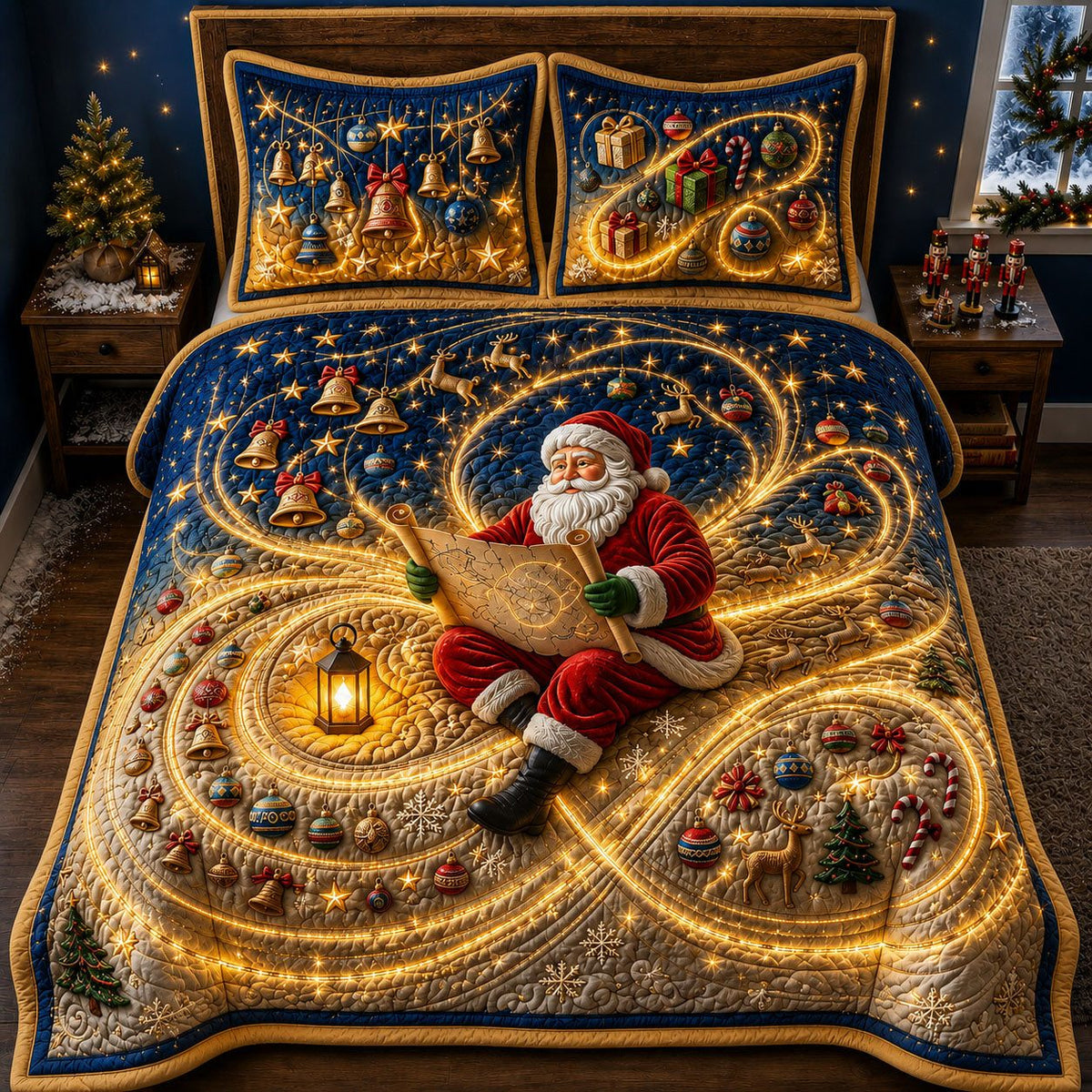 Christmas Map quilted 3-piece bedding set on a made bed in a winter-styled bedroom