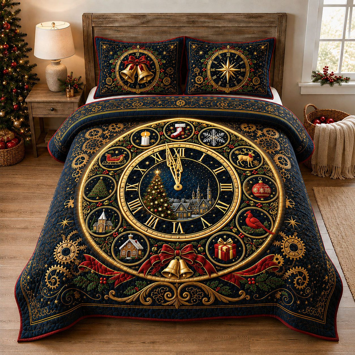 Christmas Midnight Countdown quilted 3-piece bedding set on a made bed in a winter-styled bedroom