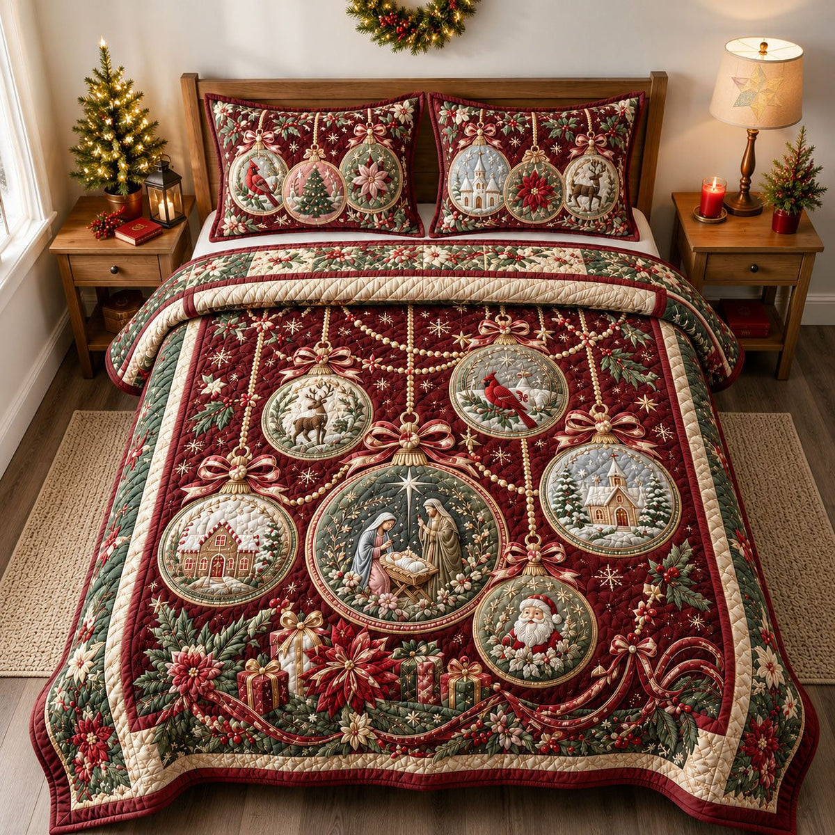 Christmas Ornament Story Collection quilted 3-piece bedding set on a made bed in a winter-styled bedroom