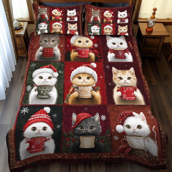 Christmas Paws quilted 3-piece bedding set on a made bed in a winter-styled bedroom