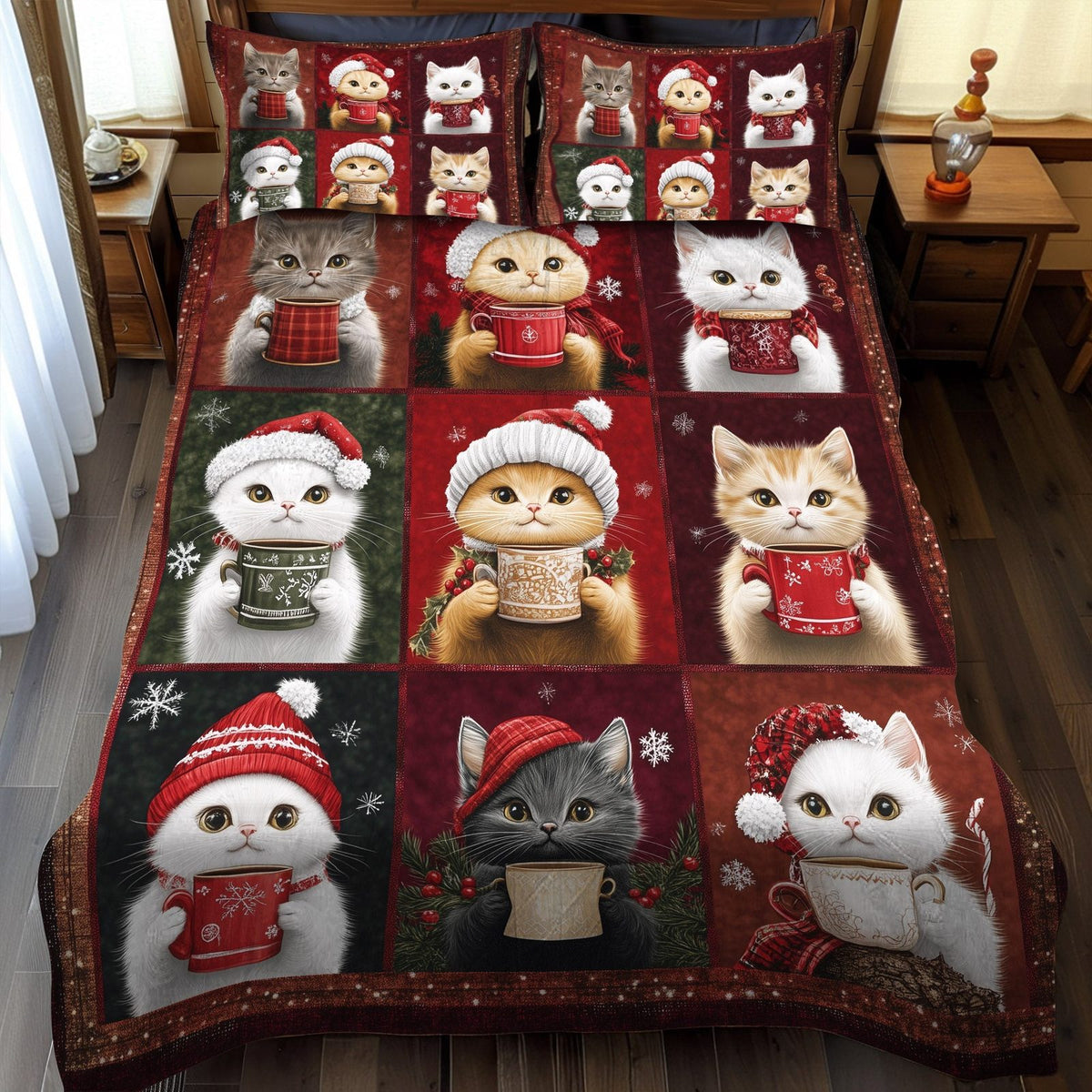 Christmas Paws quilted 3-piece bedding set on a made bed in a winter-styled bedroom