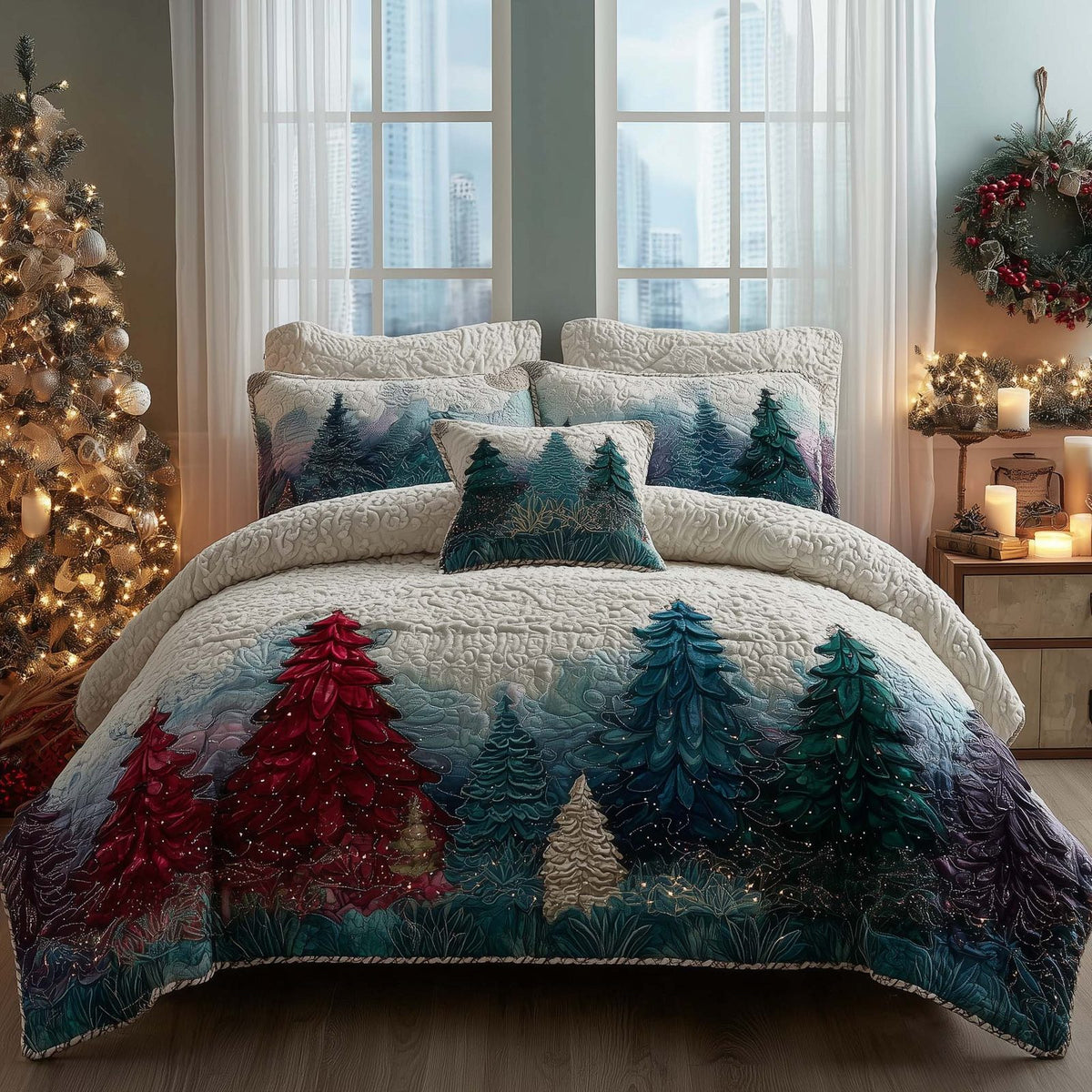 Christmas Pine Forest quilted 3-piece bedding set on a made bed in a winter-styled bedroom