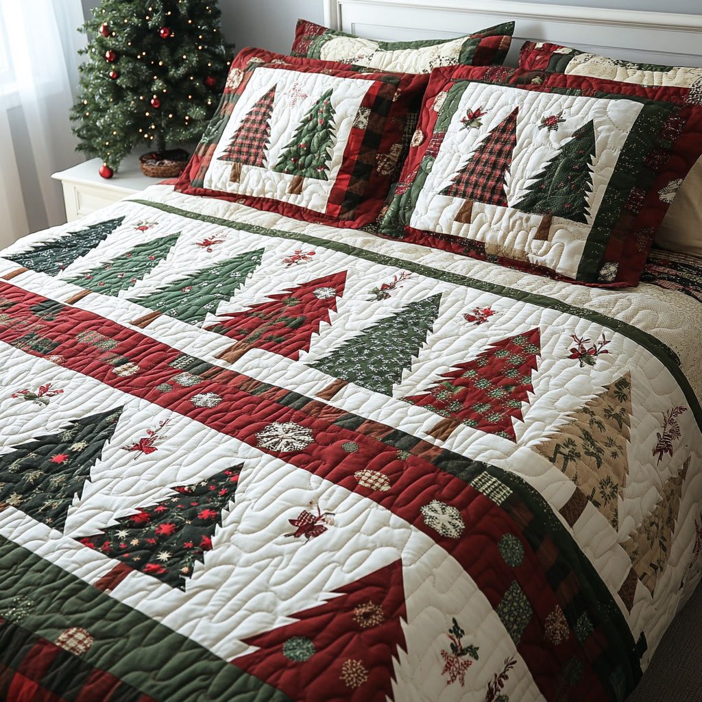 Christmas Pine quilted 3-piece bedding set on a made bed in a winter-styled bedroom