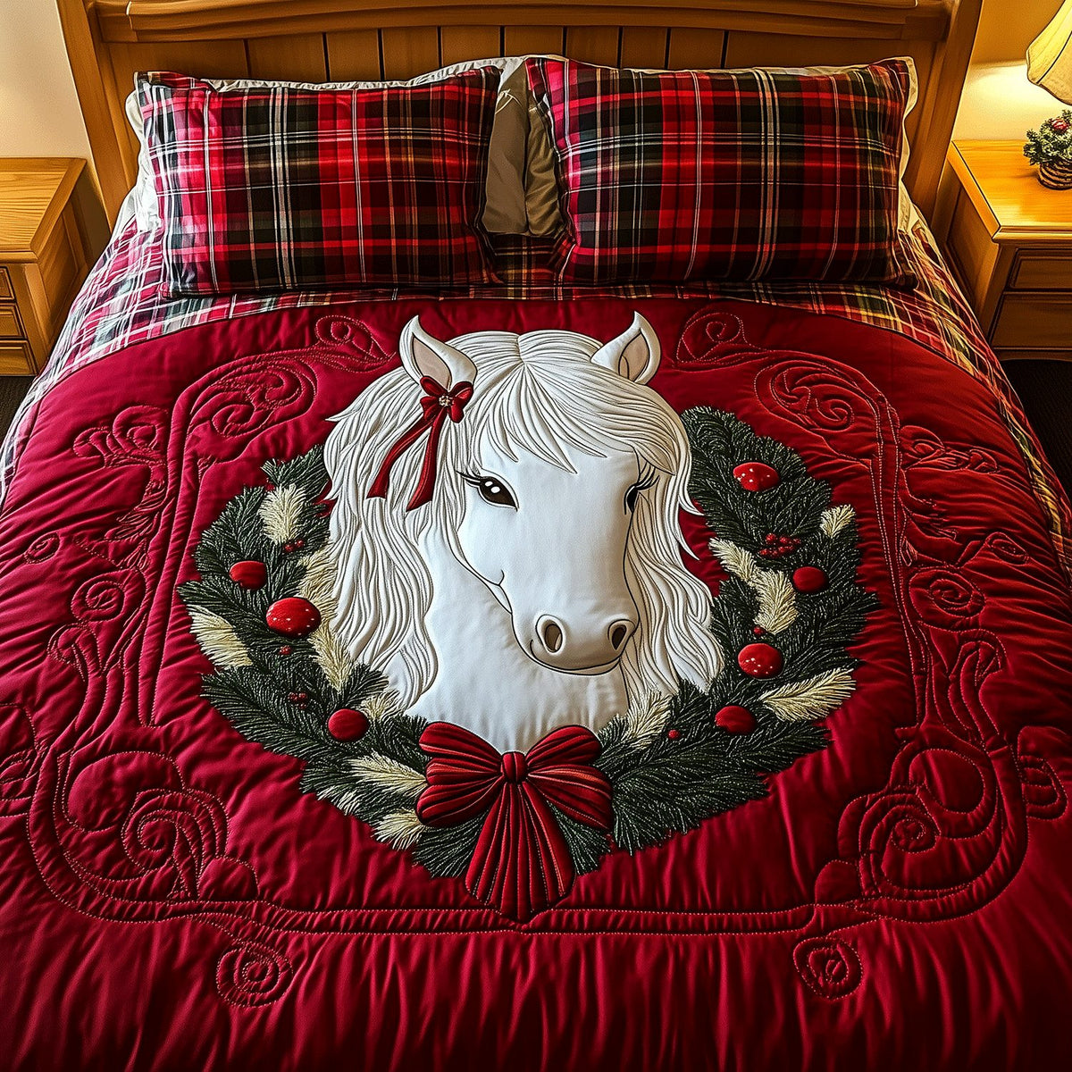 Christmas Pony quilted 3-piece bedding set on a made bed in a winter-styled bedroom