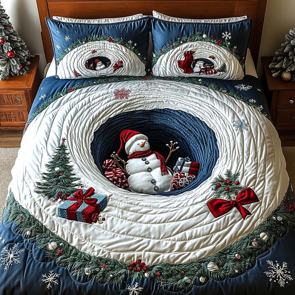 Christmas Portal quilted 3-piece bedding set on a made bed in a winter-styled bedroom