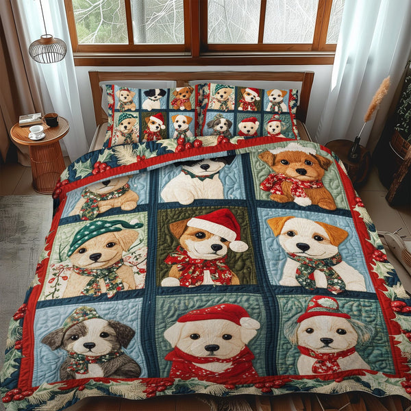 Christmas Puppy Joy quilted 3-piece bedding set on a made bed in a winter-styled bedroom