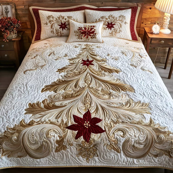 Christmas quilted 3-piece bedding set on a made bed in a winter-styled bedroom