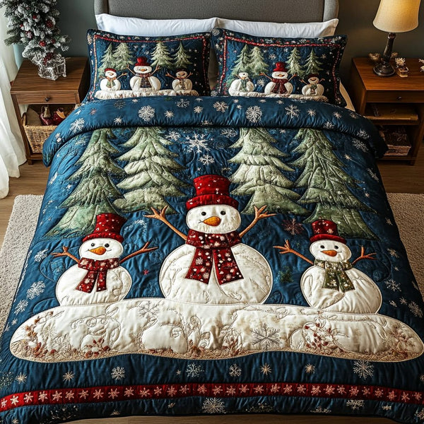 Christmas quilted 3-piece bedding set on a made bed in a winter-styled bedroom