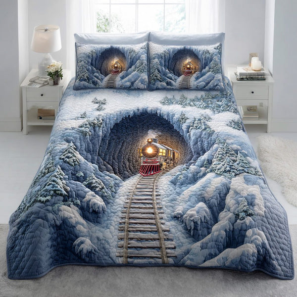 Christmas Railway Dreams quilted 3-piece bedding set on a made bed in a winter-styled bedroom
