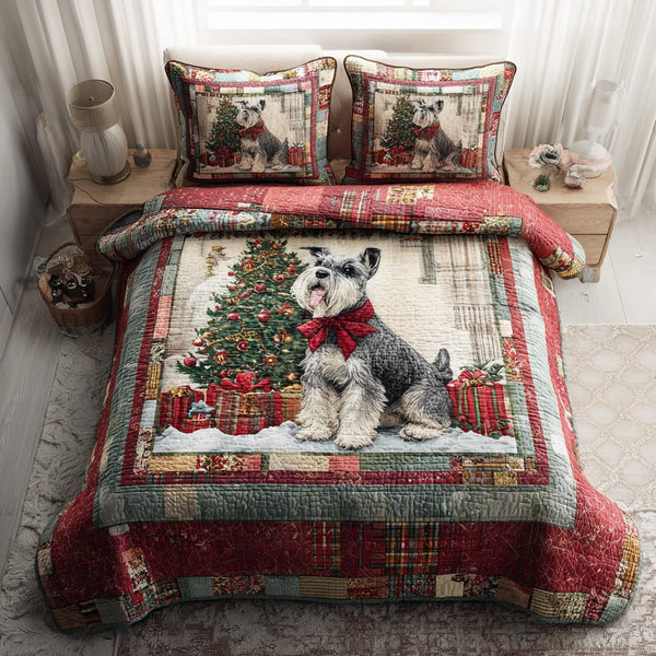 Christmas Schnauzer Charm quilted 3-piece bedding set on a made bed in a winter-styled bedroom