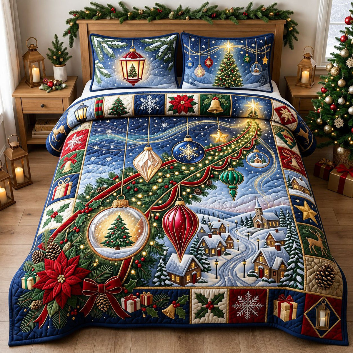 Christmas Skybridge quilted 3-piece bedding set on a made bed in a winter-styled bedroom
