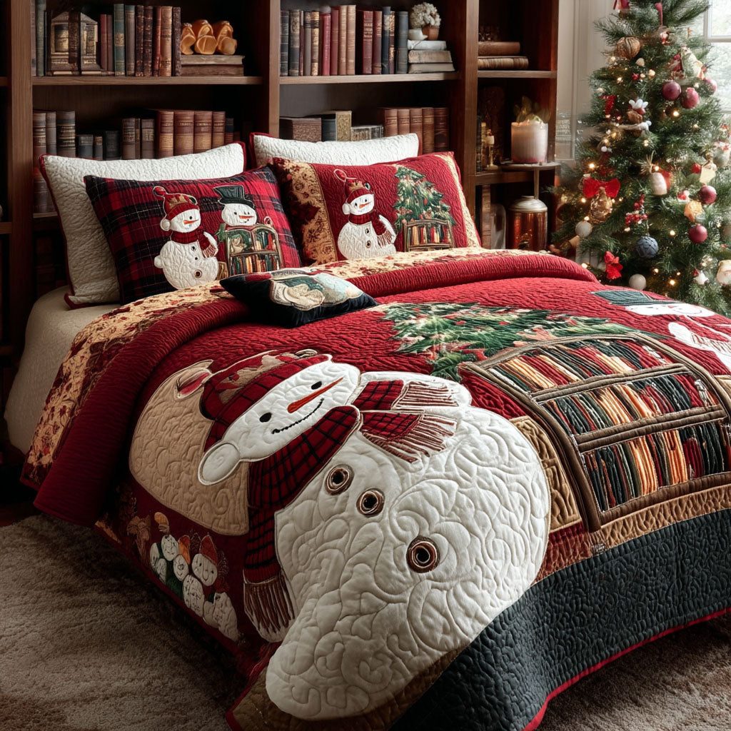 Christmas Smile quilted 3-piece bedding set on a made bed in a winter-styled bedroom