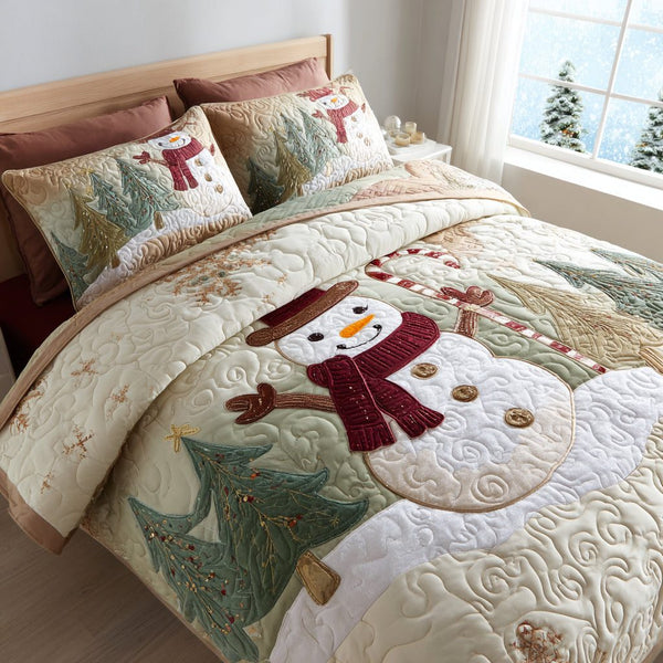 Christmas Snow quilted 3-piece bedding set on a made bed in a winter-styled bedroom
