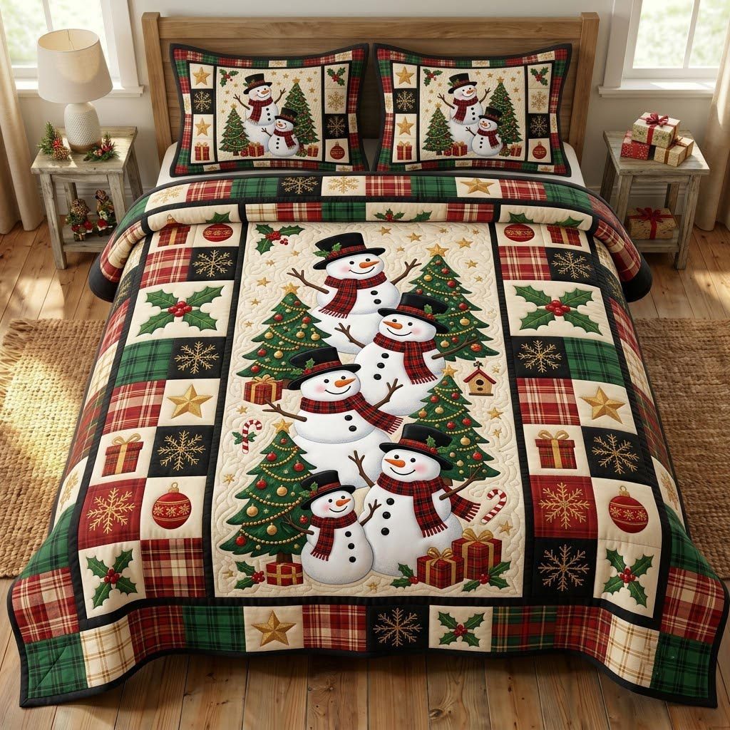 Christmas Snowman quilted 3-piece bedding set on a made bed in a winter-styled bedroom