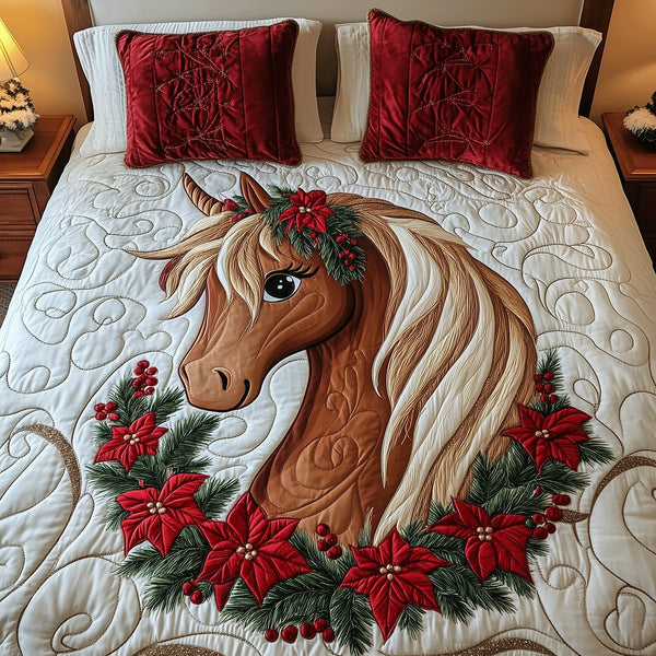Christmas Spirit Pony quilted 3-piece bedding set on a made bed in a winter-styled bedroom