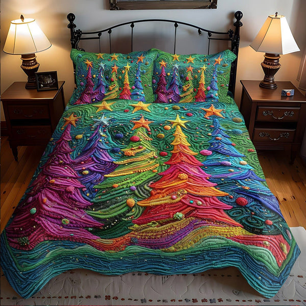 Christmas Star Pines quilted 3-piece bedding set on a made bed in a winter-styled bedroom