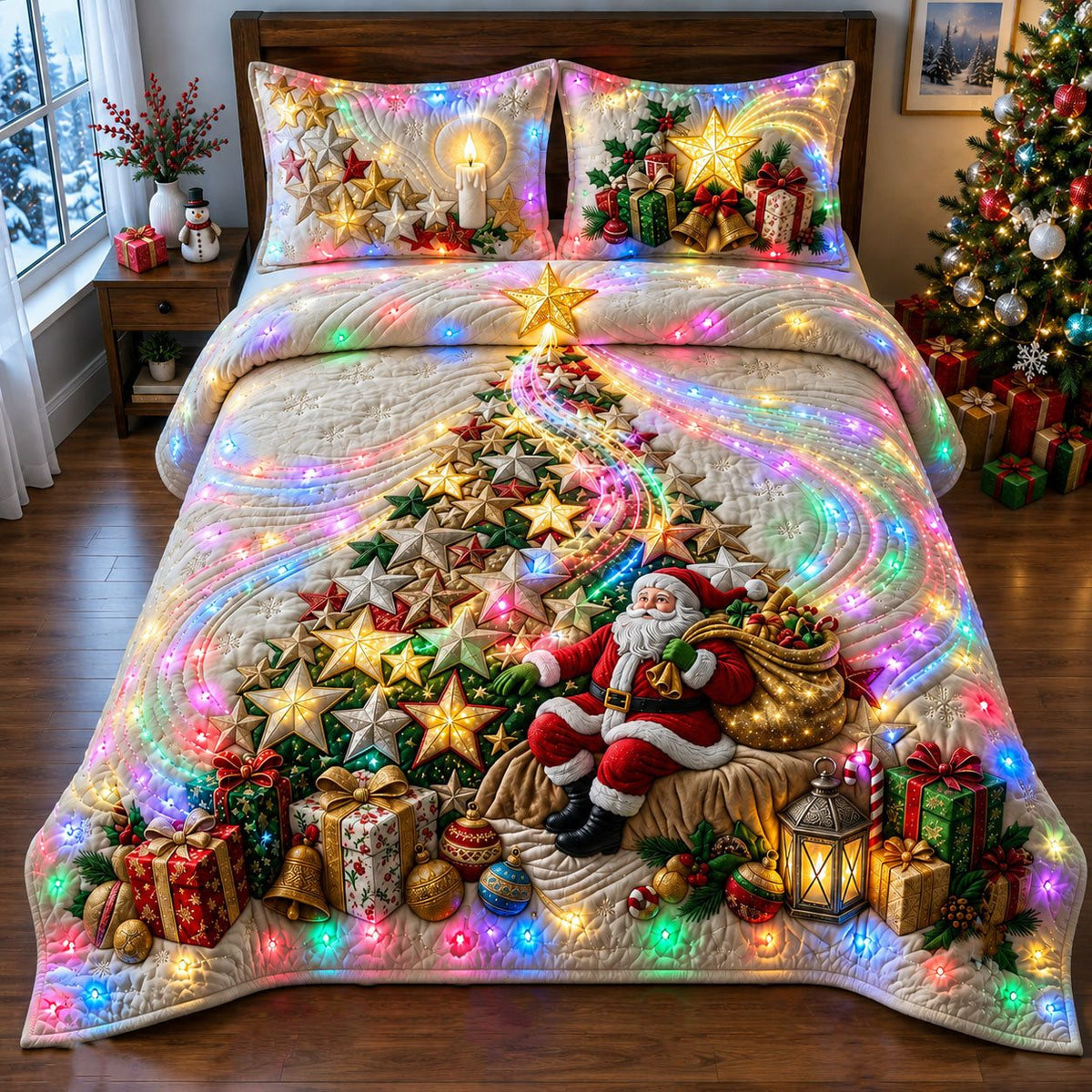 Christmas Star Tree quilted 3-piece bedding set on a made bed in a winter-styled bedroom