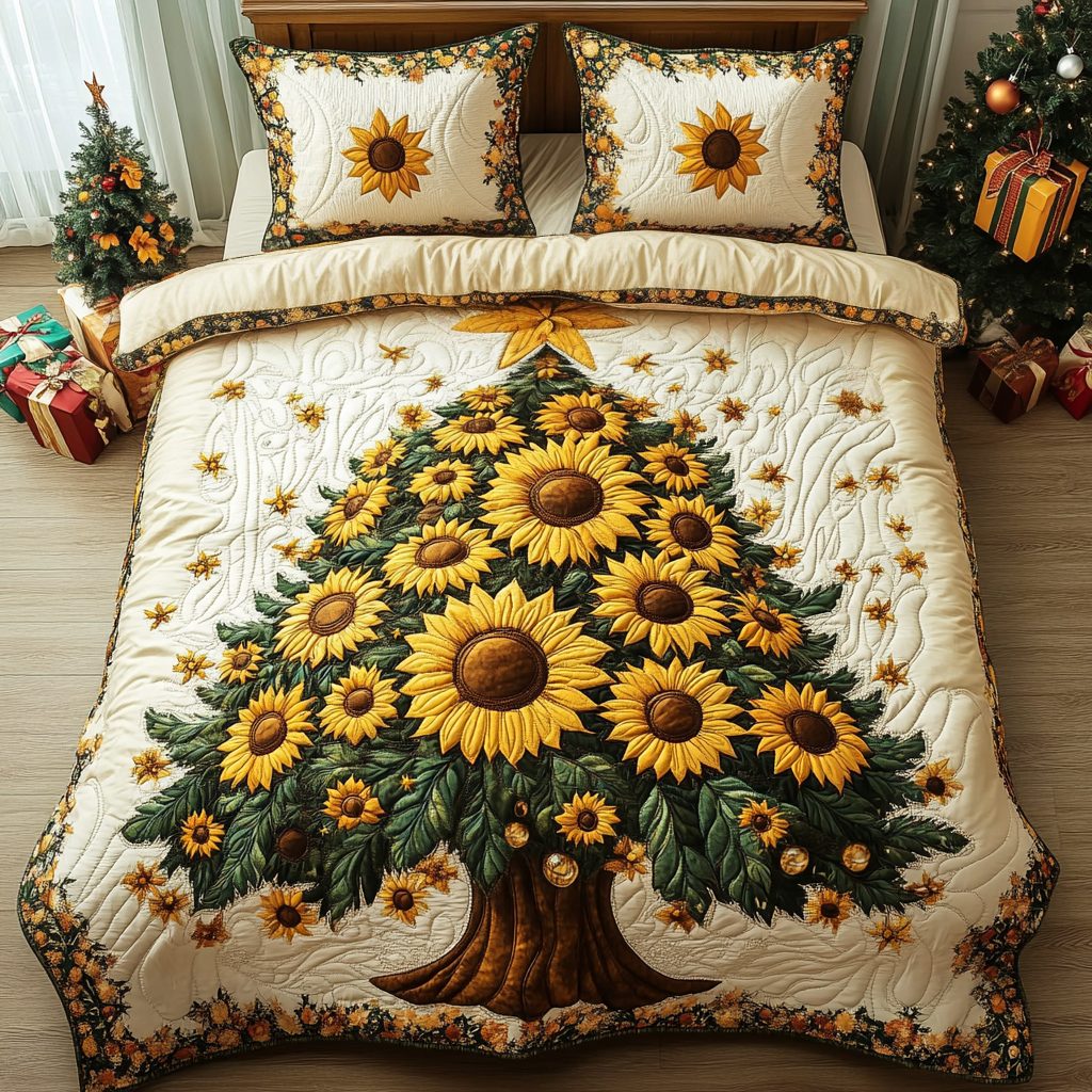 Christmas Sunflower quilted 3-piece bedding set on a made bed in a winter-styled bedroom