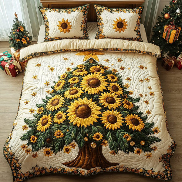 Christmas Sunflower quilted 3-piece bedding set on a made bed in a winter-styled bedroom