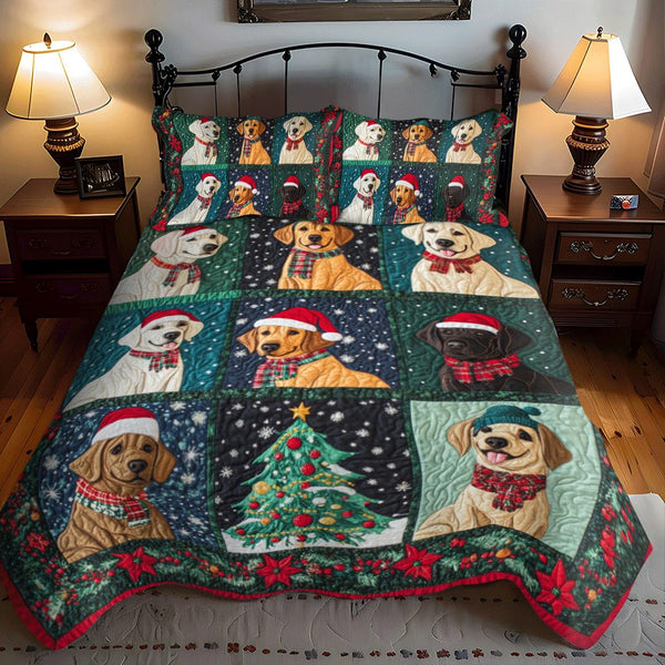 Christmas Themed Labrador quilted 3-piece bedding set on a made bed in a winter-styled bedroom
