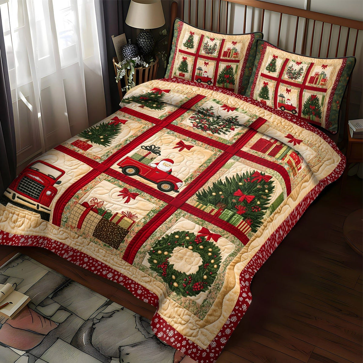 Christmas Toy Dreams quilted 3-piece bedding set on a made bed in a winter-styled bedroom