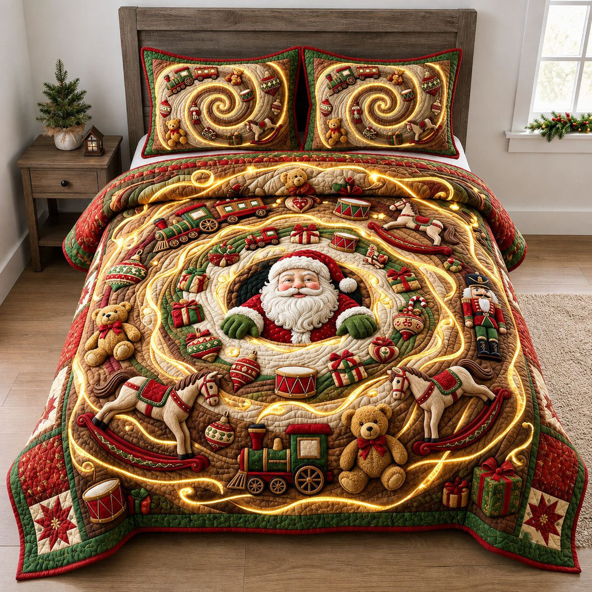 Christmas Toys Votex quilted 3-piece bedding set on a made bed in a winter-styled bedroom