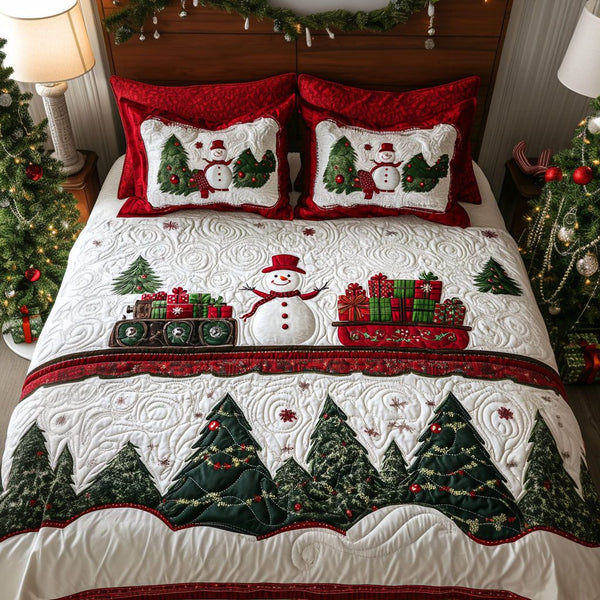 Christmas Tree Junction quilted 3-piece bedding set on a made bed in a winter-styled bedroom