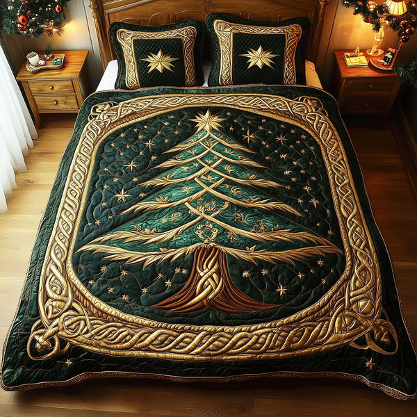 Christmas Tree Luxury quilted 3-piece bedding set on a made bed in a winter-styled bedroom