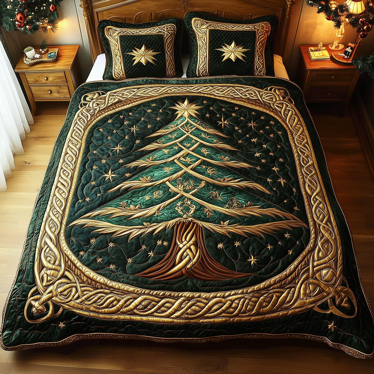 Christmas Tree Luxury quilted 3-piece bedding set on a made bed in a winter-styled bedroom