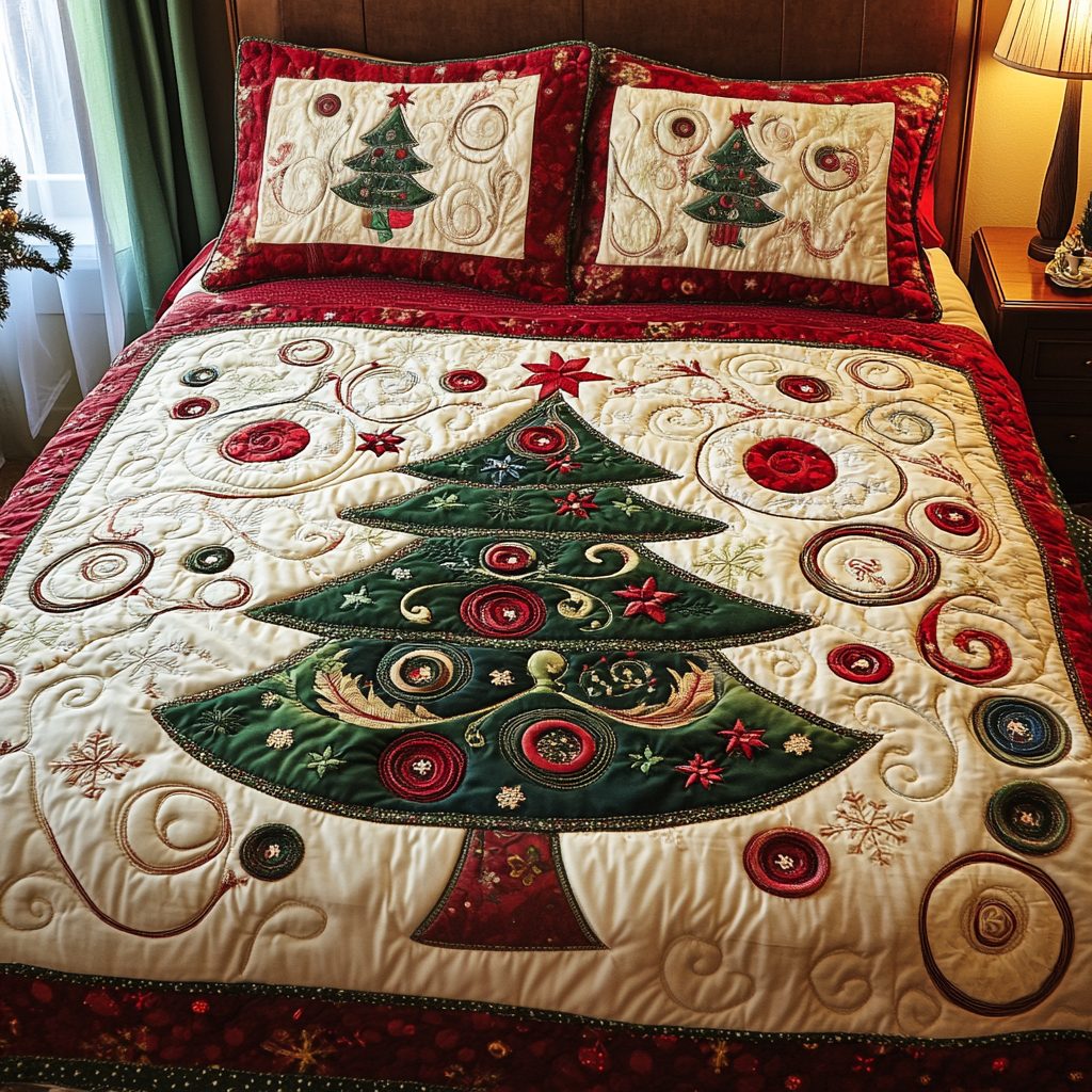 Christmas Tree quilted 3-piece bedding set on a made bed in a winter-styled bedroom