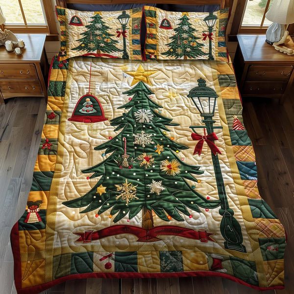 Christmas Trees Delight quilted 3-piece bedding set on a made bed in a winter-styled bedroom