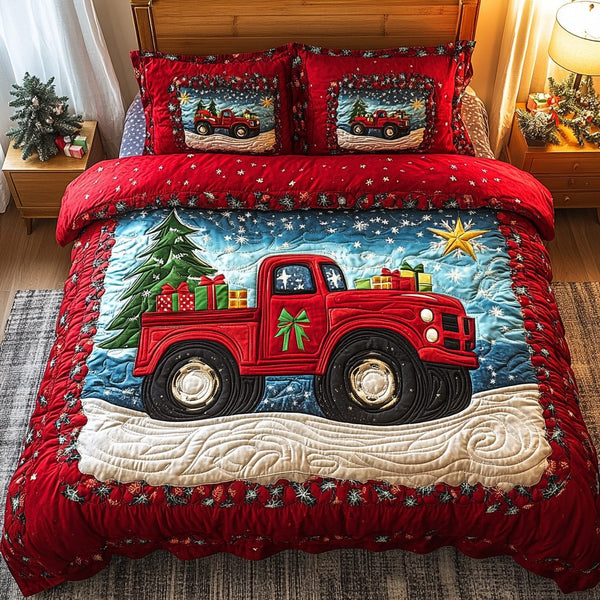 Christmas Truck Trek quilted 3-piece bedding set on a made bed in a winter-styled bedroom