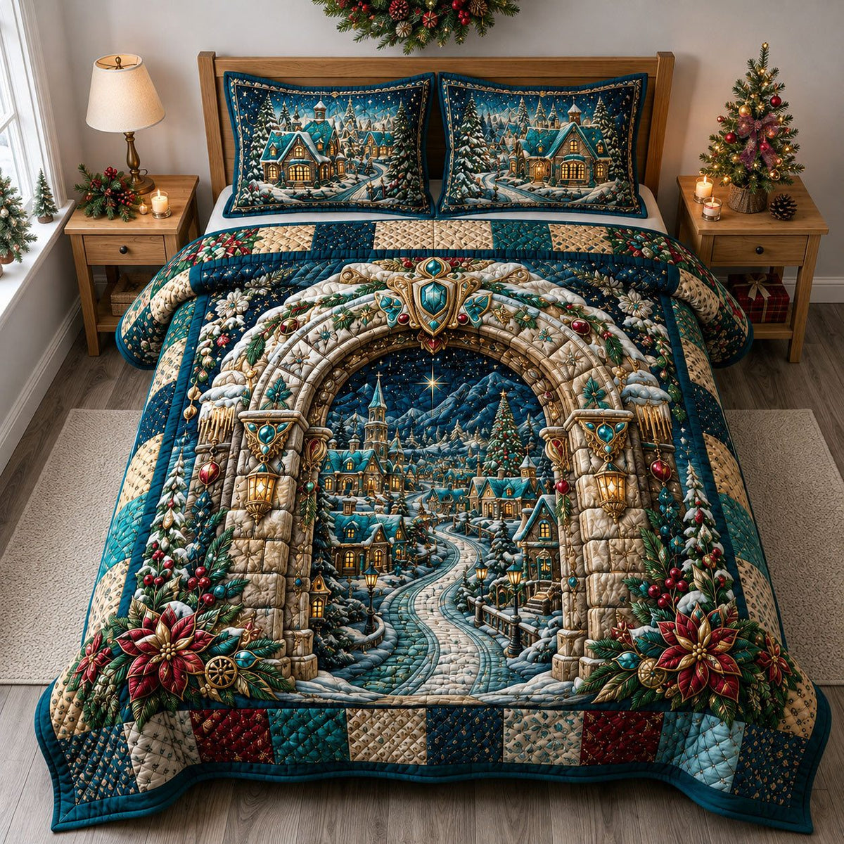 Christmas Village Gateway quilted 3-piece bedding set on a made bed in a winter-styled bedroom