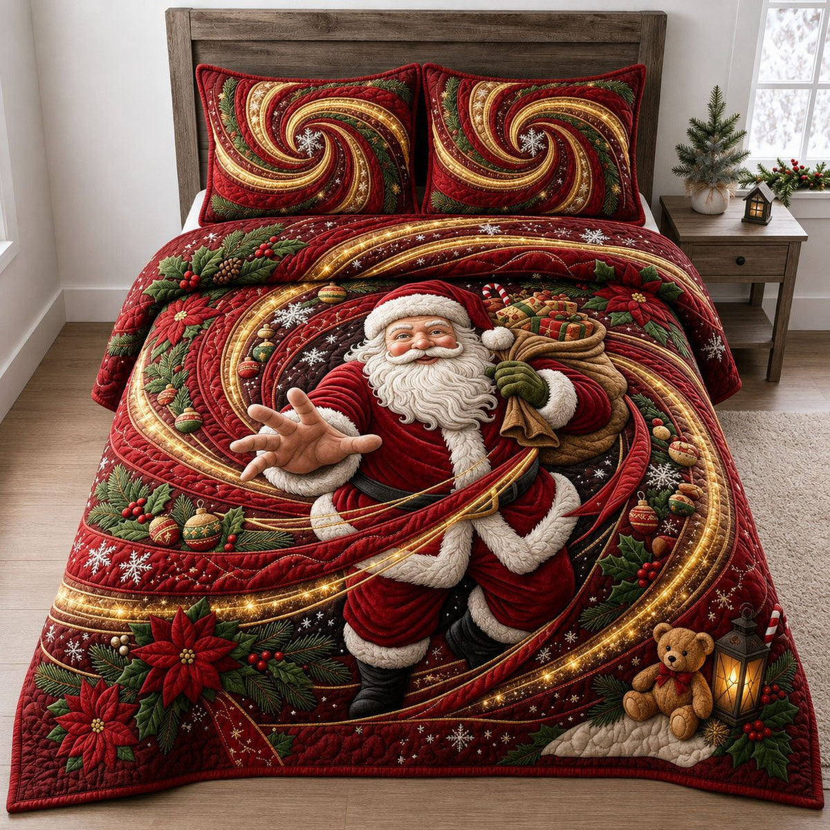 Christmas Wind Vortex quilted 3-piece bedding set on a made bed in a winter-styled bedroom