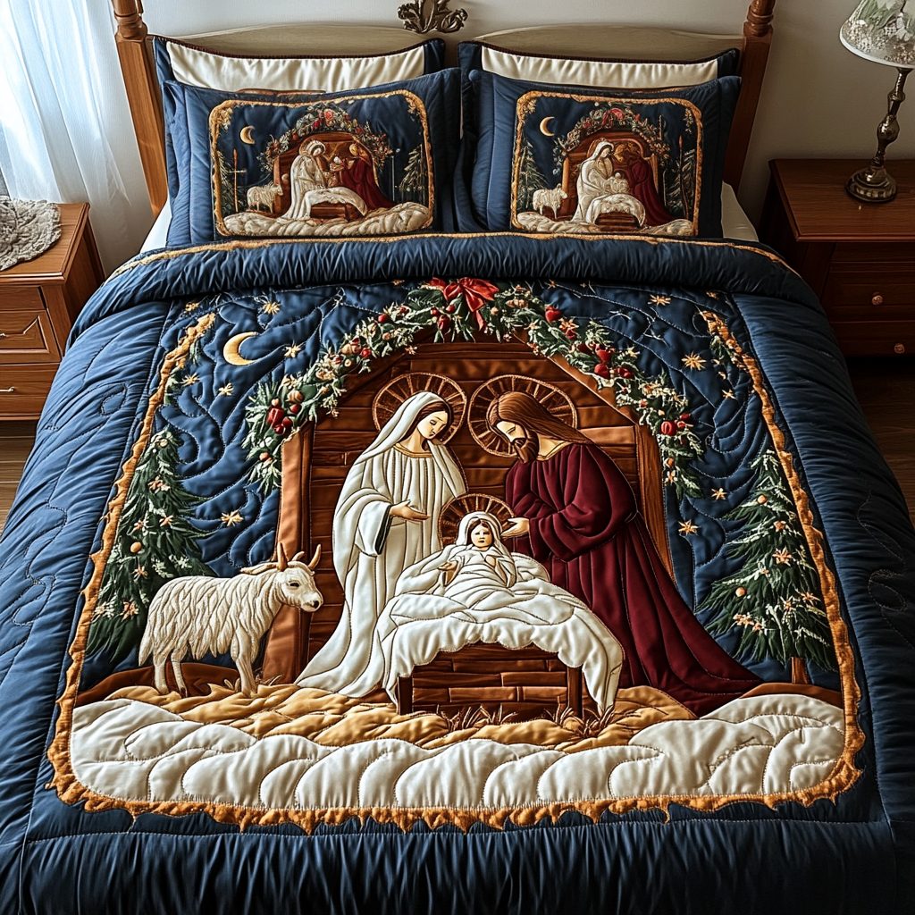 Christmastide Quilt quilted 3-piece bedding set on a made bed in a winter-styled bedroom