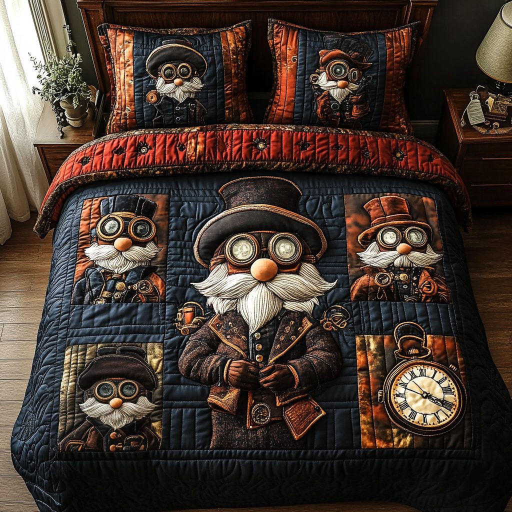 Chrono Critters quilted 3-piece bedding set on a made bed with two matching pillow shams