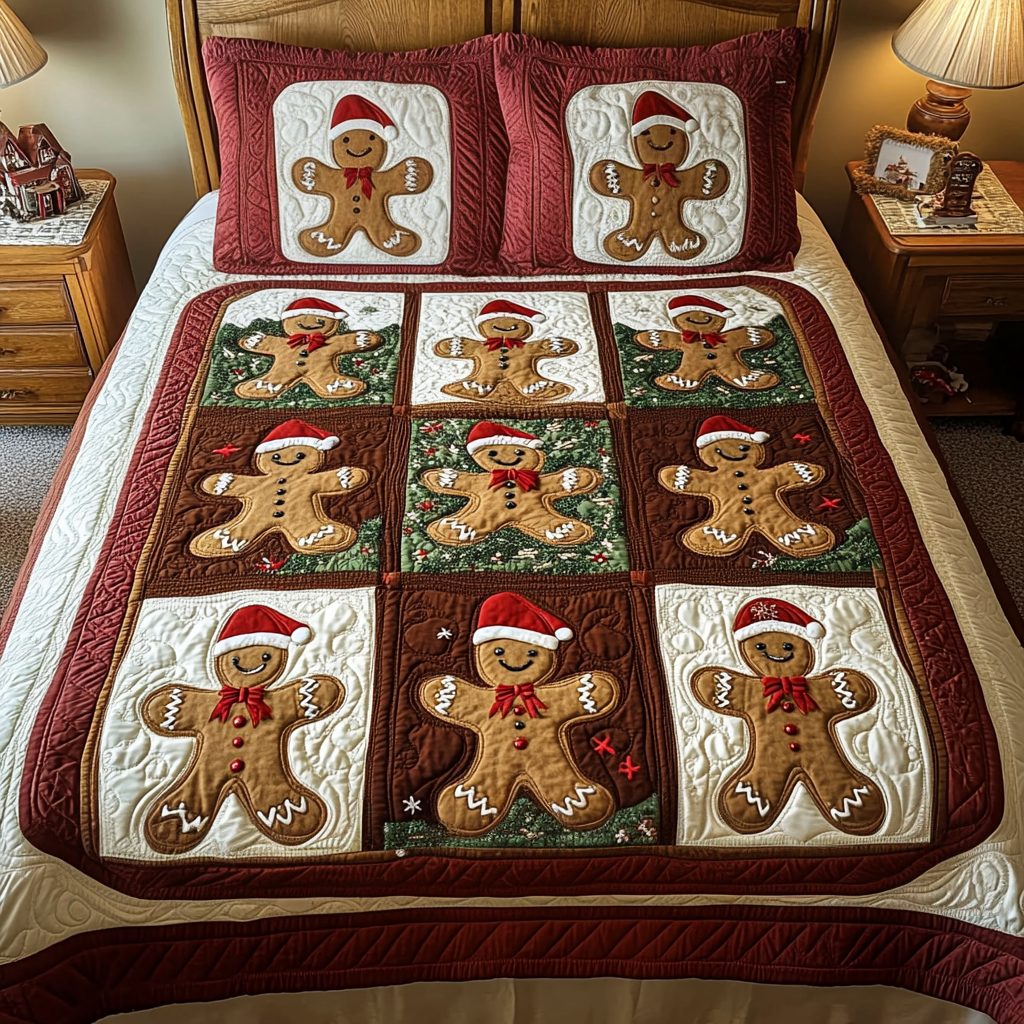Cinnamon Cheer quilted 3-piece bedding set on a made bed with two matching pillow shams