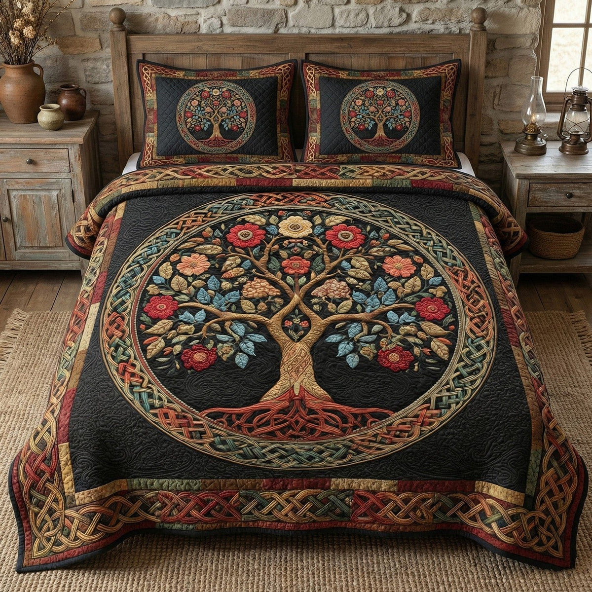 Circle of Life quilted 3-piece bedding set on a made bed with two matching pillow shams
