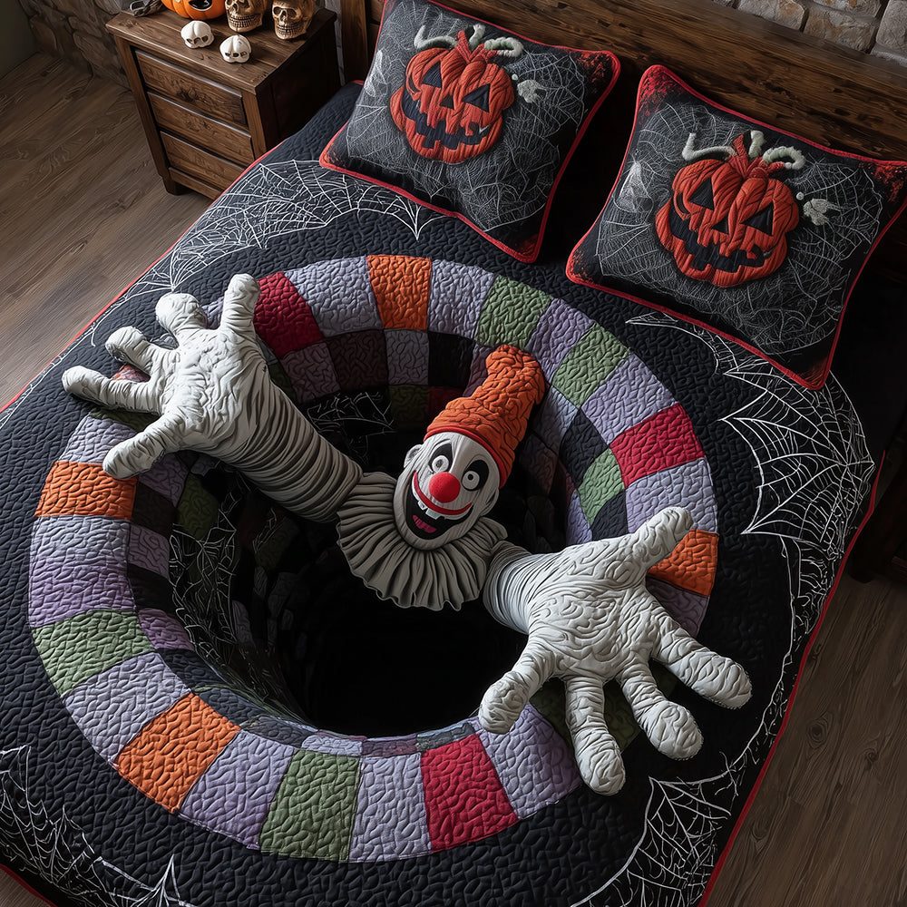 Circus Terror quilted 3-piece bedding set on a made bed with two matching pillow shams
