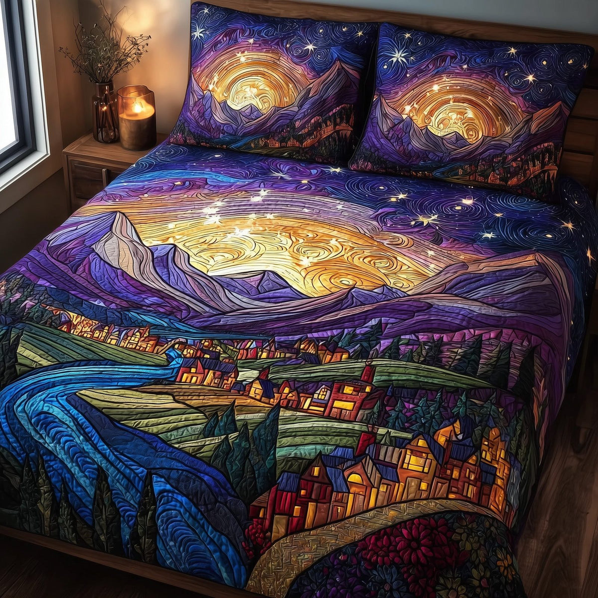 City of Starlight quilted 3-piece bedding set on a made bed with two matching pillow shams