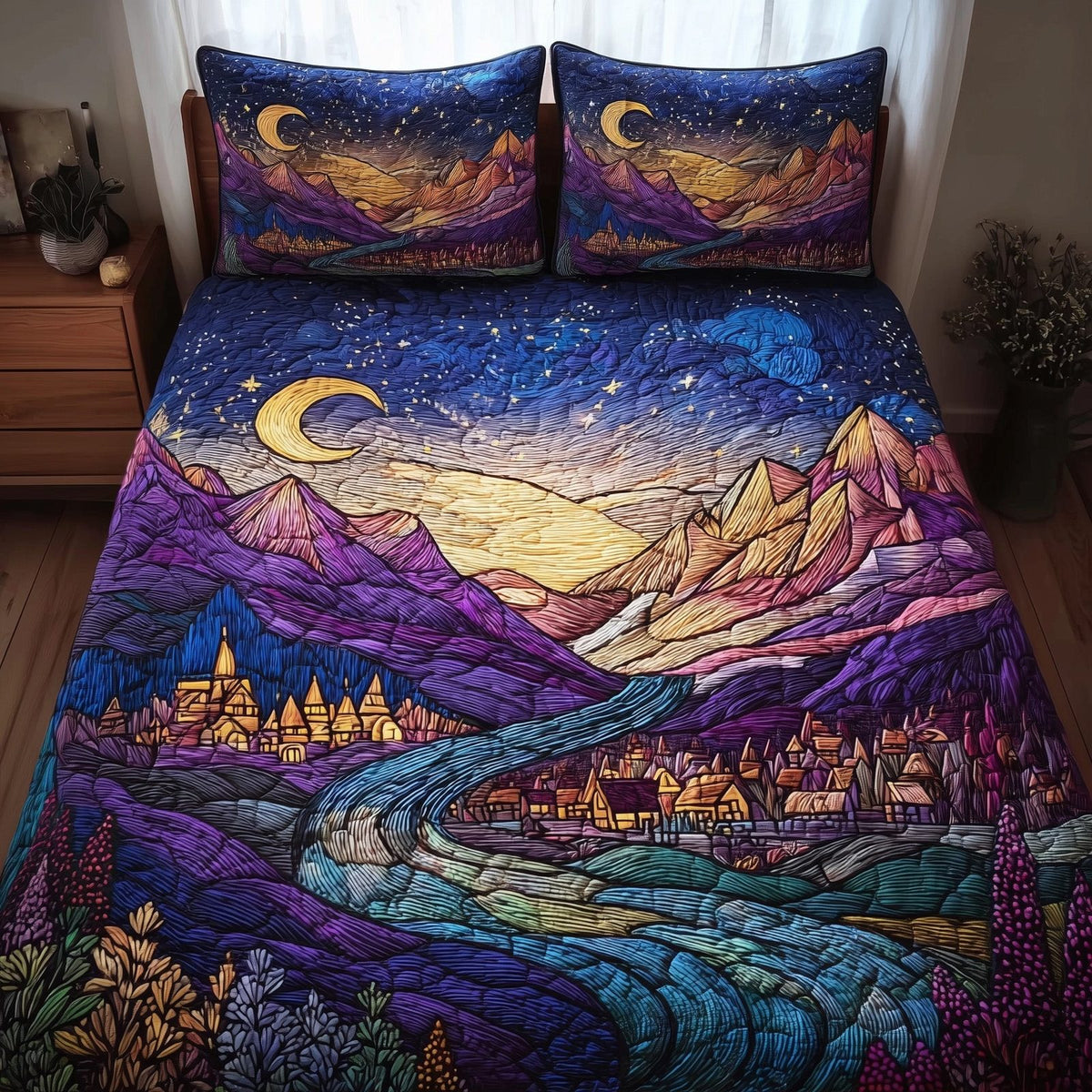 City of Starlight quilted 3-piece bedding set on a made bed with two matching pillow shams