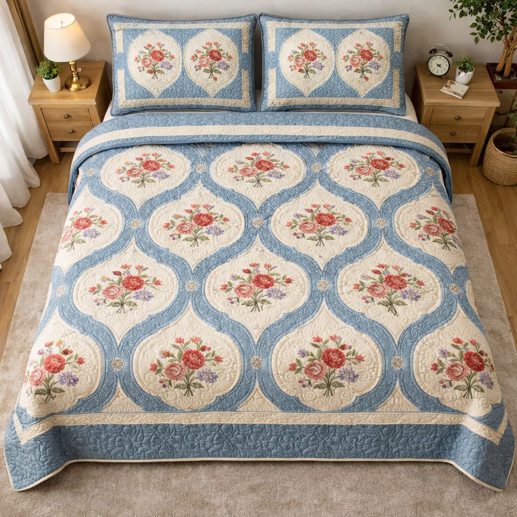Classic Bloom quilted 3-piece bedding set on a made bed in a farmhouse bedroom