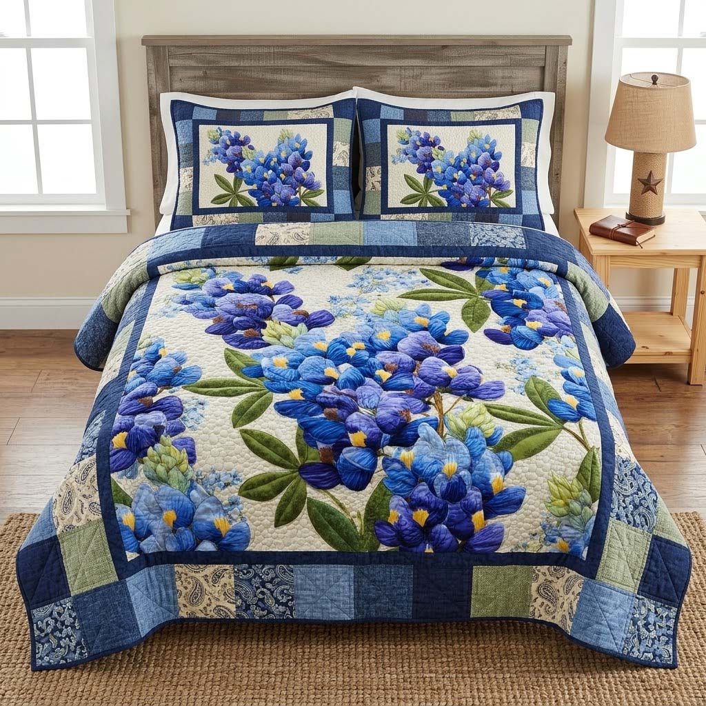 Classic Blue Floral quilted 3-piece bedding set on a made bed in a farmhouse bedroom