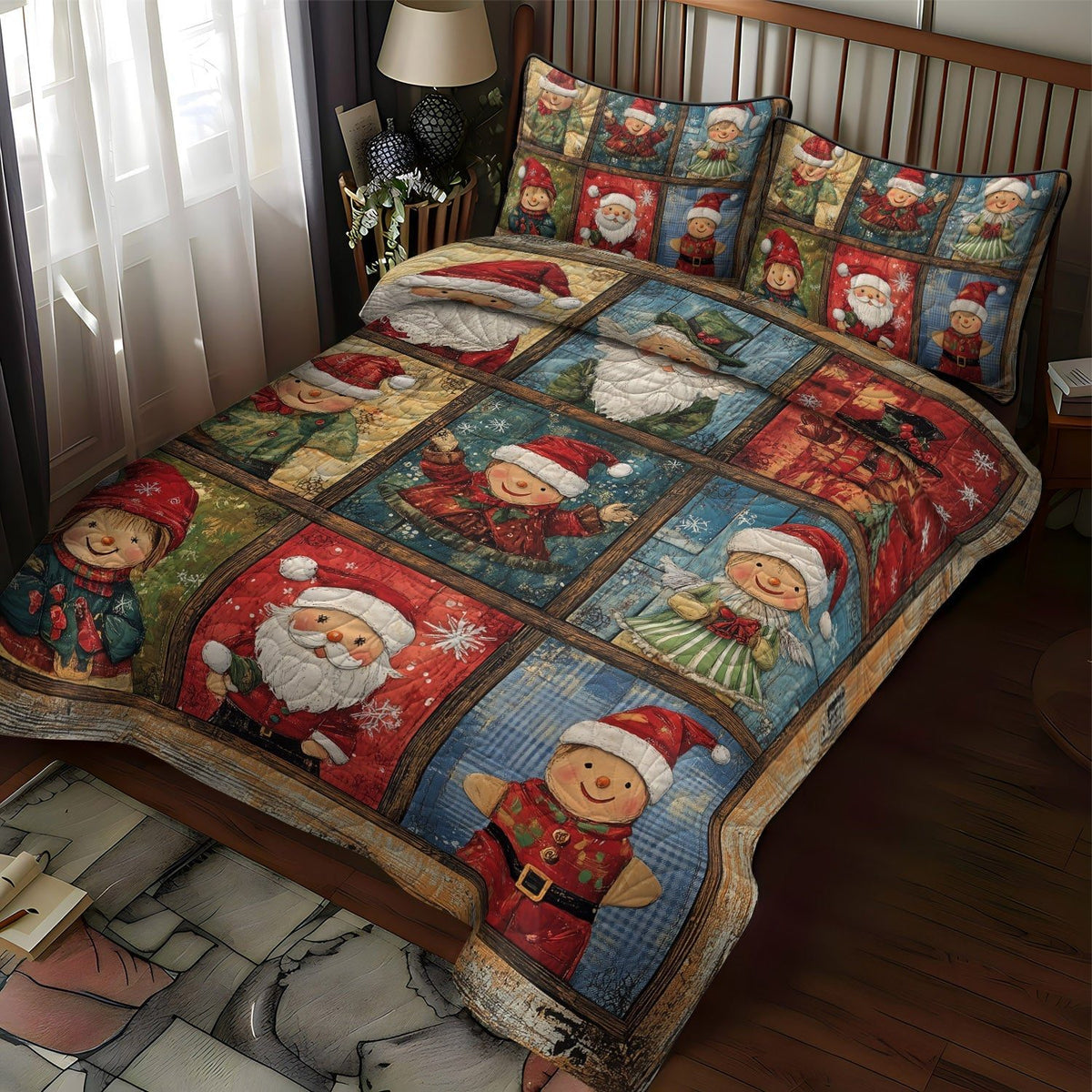 Classic Christmas Toys quilted 3-piece bedding set on a made bed in a winter-styled bedroom
