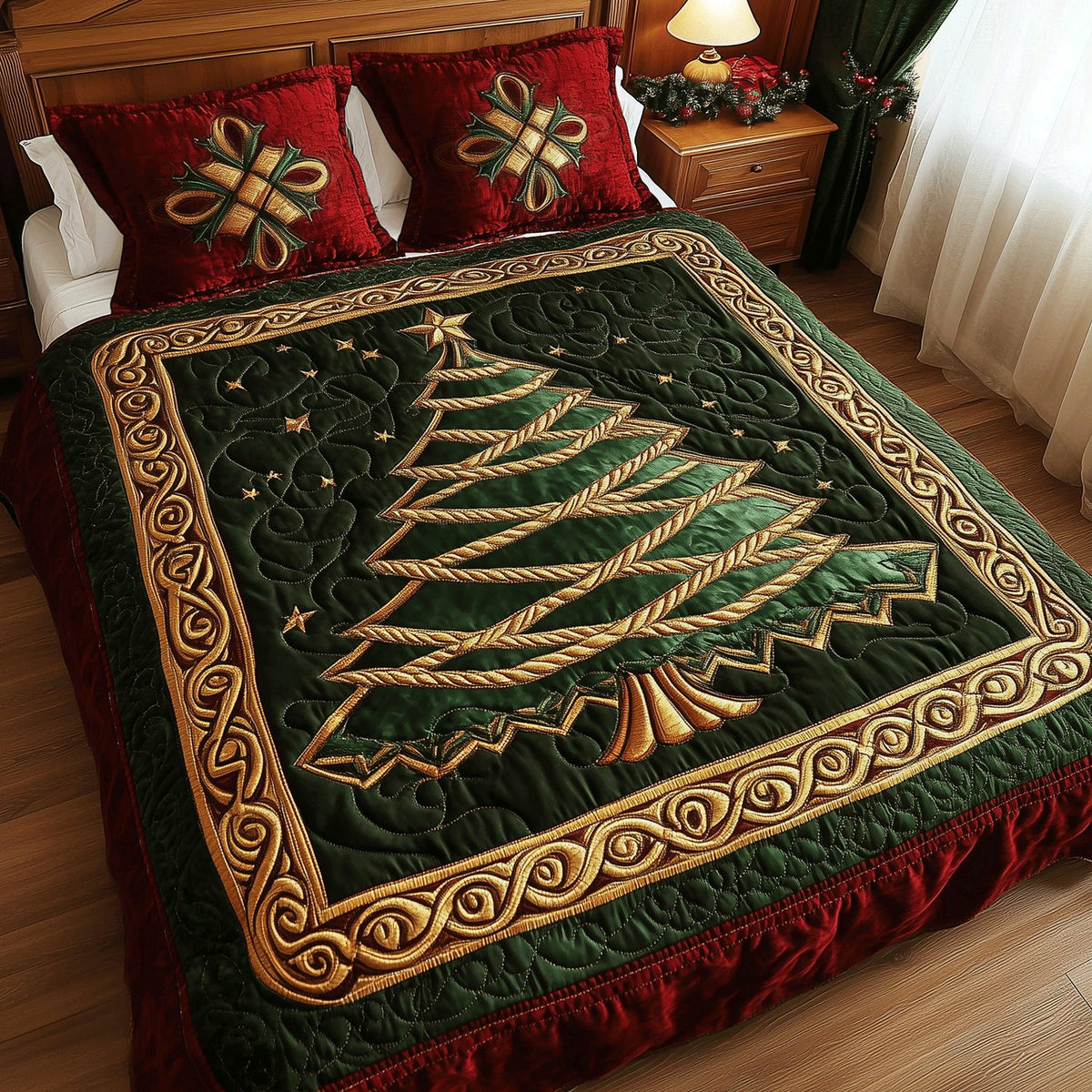 Classic Christmas Tree quilted 3-piece bedding set on a made bed in a winter-styled bedroom