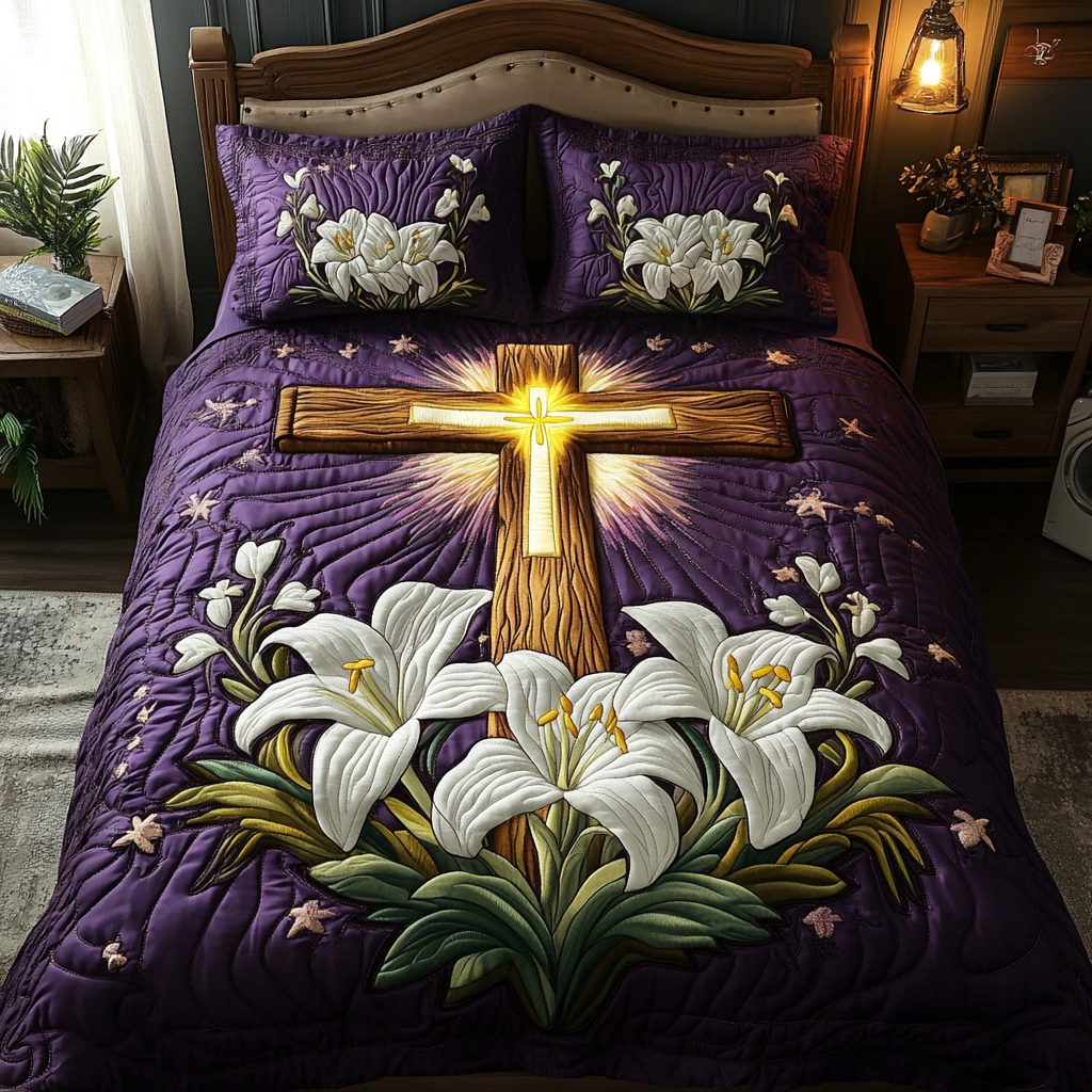 Classic Cross quilted 3-piece bedding set on a made bed in a softly lit bedroom
