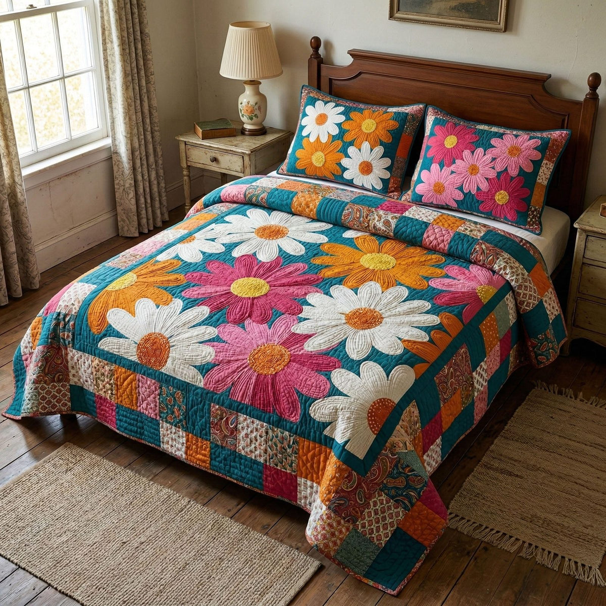 Classic Daisy Patchwork quilted 3-piece bedding set on a made bed in a farmhouse bedroom