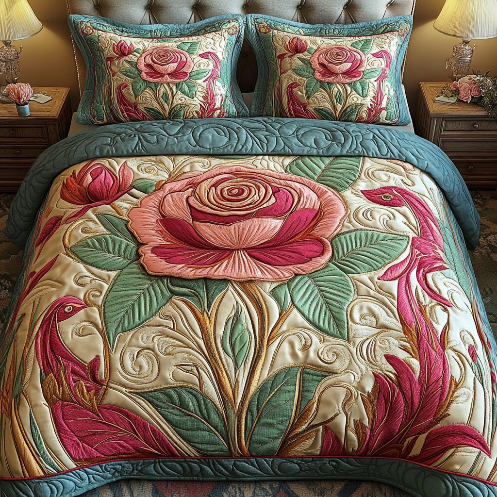Classic Floral quilted 3-piece bedding set on a made bed in a farmhouse bedroom